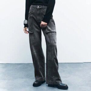 Zara Mid Rise Loose Fit Splatter Oversized Cargo Jeans 2553/243 Size 8 EU 40